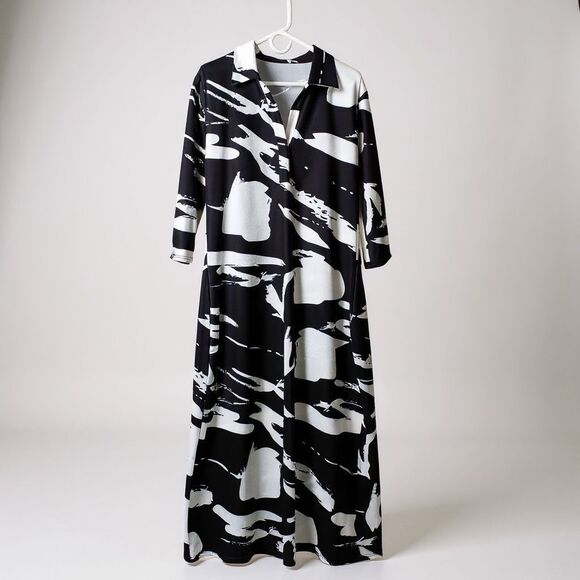 Unbranded Other - Black and White Abstract Kaftan Dress  Women XL V-Neck Collared Ankle Length